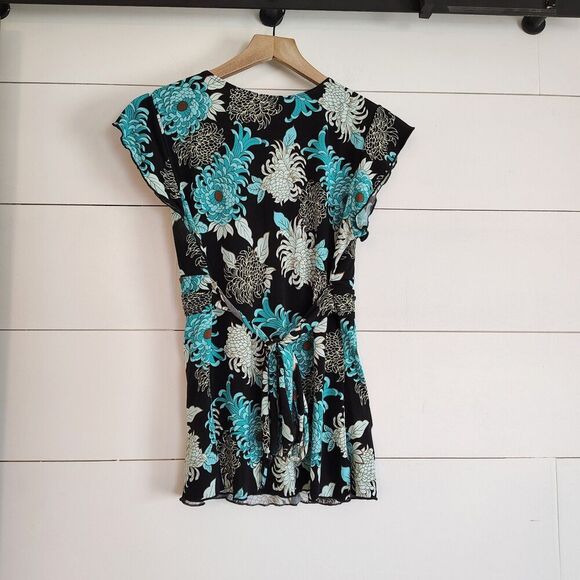 Vtg Y2K Blue Black Floral Print V-Neck Tie Back Whimsi Babydoll Fairy Top Medium - Picture 3 of 7